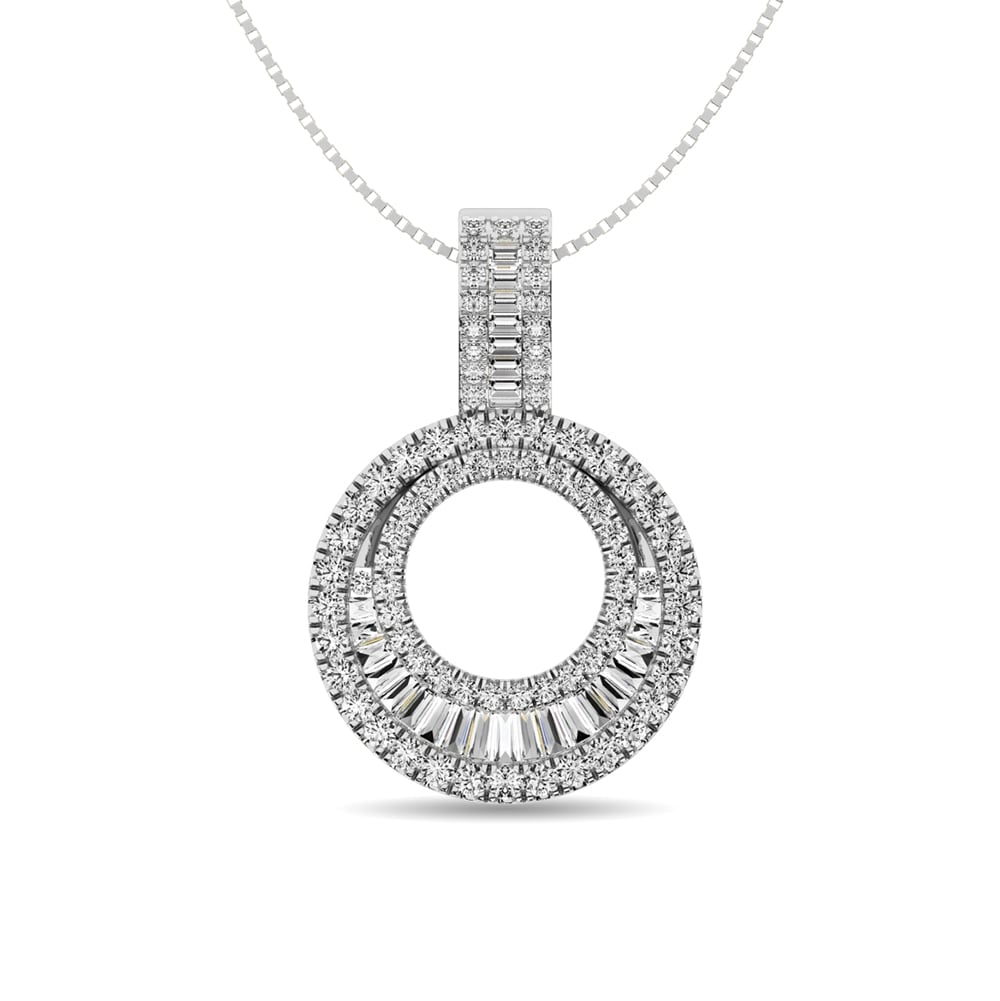 Diamond 5/8 Ct.Tw. Round and Baguette Fashion Pendant in 14K White Gold: Diamond 5/8 Ct.Tw. Round and Baguette Fashion Pendant in 14K White Gold 14k White Gold Stone Color: G-h Stone Clarity: I1 Unless otherwise specified, pendants that include a chain are paired with our 