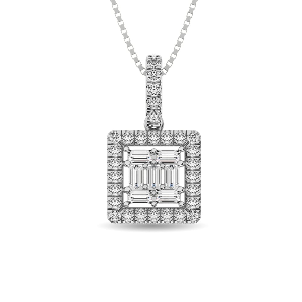 Diamond 1/3 Ct.Tw. Round and Baguette Fashion Pendant in 14K White Gold: Diamond 1/3 Ct.Tw. Round and Baguette Fashion Pendant in 14K White Gold 14k White Gold Stone Color: G-h Stone Clarity: I1 Unless otherwise specified, pendants that include a chain are paired with our 