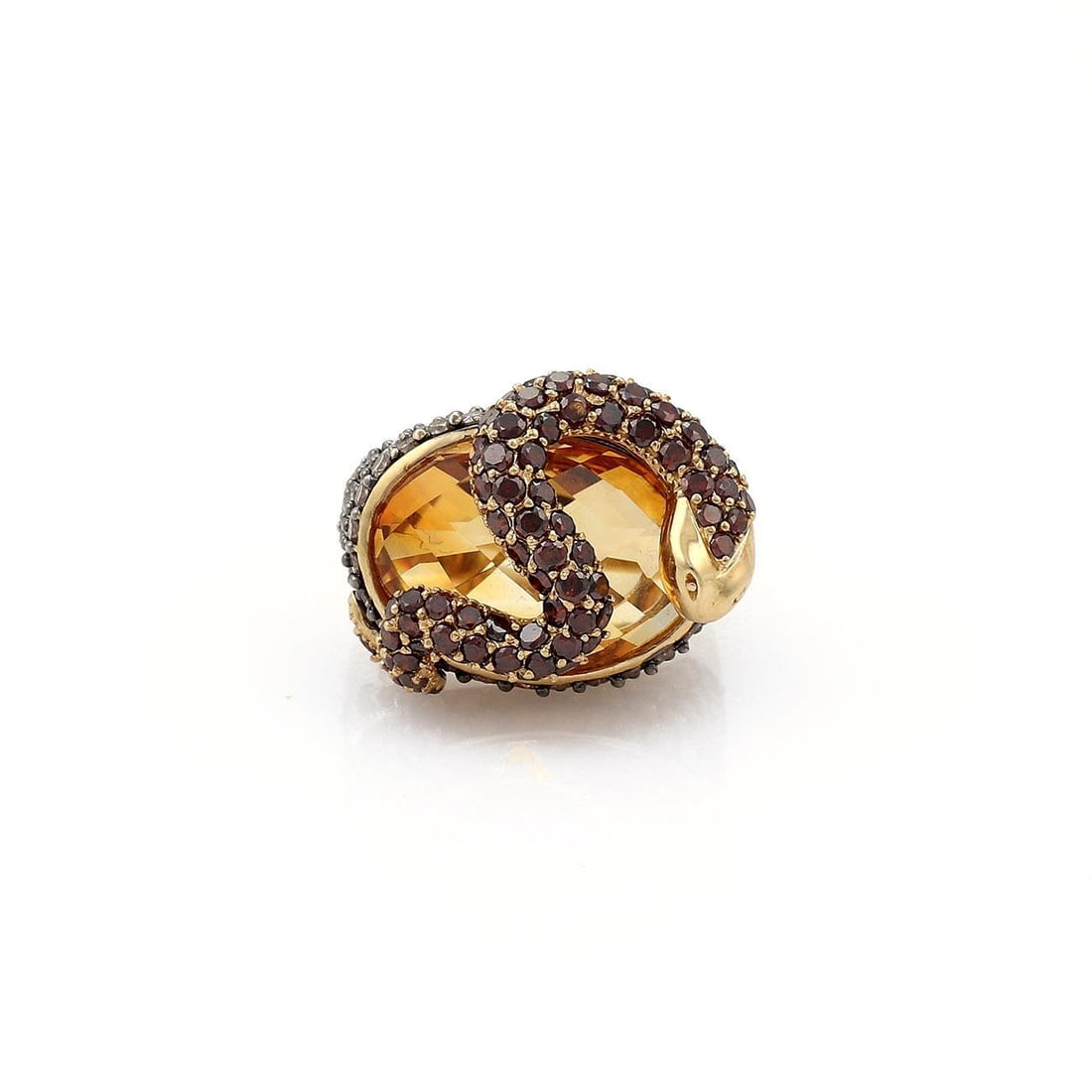 14k Yellow Gold Snake Ring with 3.50ct Champagne Diamonds and Garnets: 14k Yellow Gold Snake Ring with 3.50ct Champagne Diamonds and Garnets This stunning ring features a captivating design crafted from 14k yellow gold. At its center lies a large yellow topaz stone, eleg
