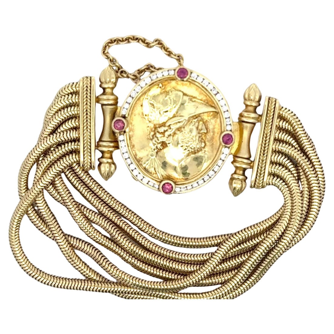 SeidenGang 18K Yellow Gold Multi-Row Snake Bracelet with Diamond and Ruby Coin: SeidenGang 18K Yellow Gold Multi-Row Snake Bracelet with Diamond and Ruby Coin This exquisite SeidenGang bracelet showcases a contemporary design crafted in 18-karat yellow gold, weighing 87.4 grams. 