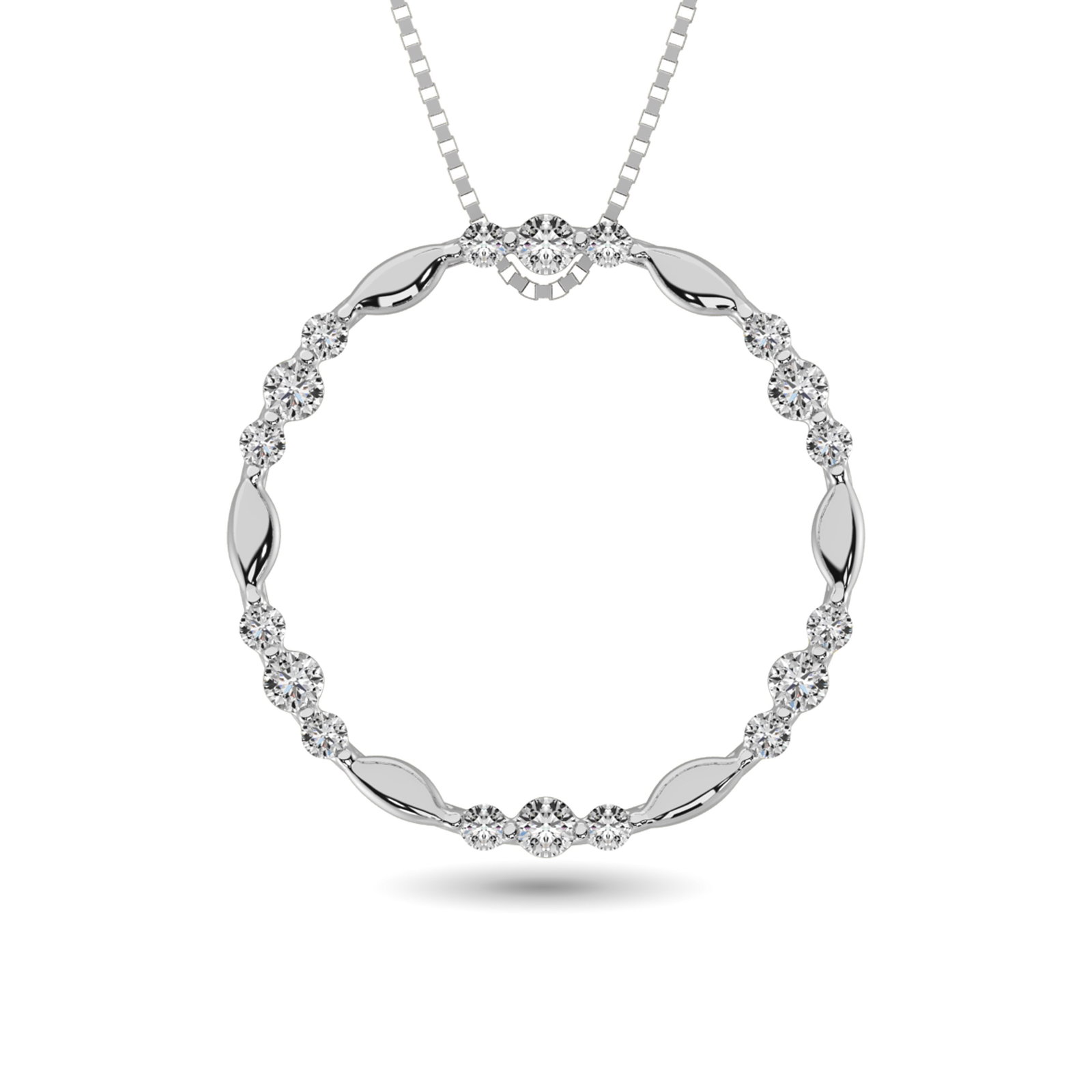 Diamond 1/4 Ct.tw Circle Pendant in 14K White Gold: Diamond 1/4 Ct.tw Circle Pendant in 14K White Gold 14k White Gold Stone Color: Gh Stone Clarity: Si1 Unless otherwise specified, pendants that include a chain are paired with our standard 18-inch leng