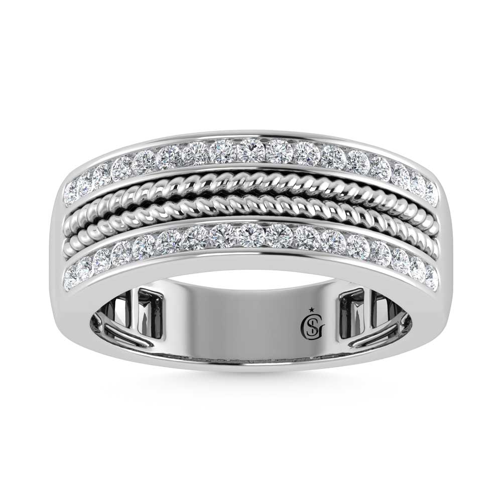 14K White Gold Diamond 1/2 Ct.Tw. Mens Band: 14K White Gold Diamond 1/2 Ct.Tw. Mens Band 14k White Gold Stone Color: G-h Stone Clarity: Si Each ring is presented in standard size 6.5. Complimentary resizing is available between sizes 510 (in
