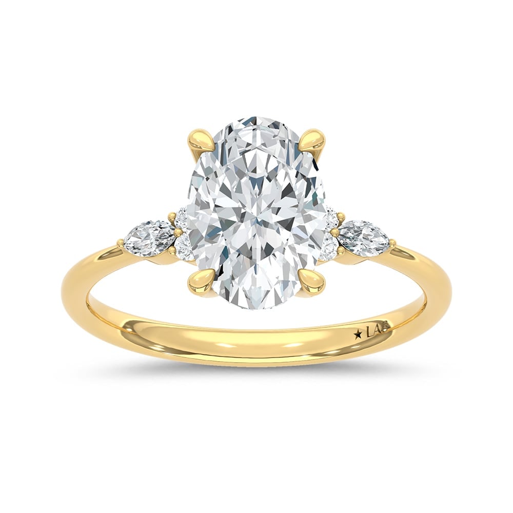 14K Yellow Gold Lab Grown Marquise and Round Diamond 2 1/10 Ct.Tw. Engagement Ring With Oval Center