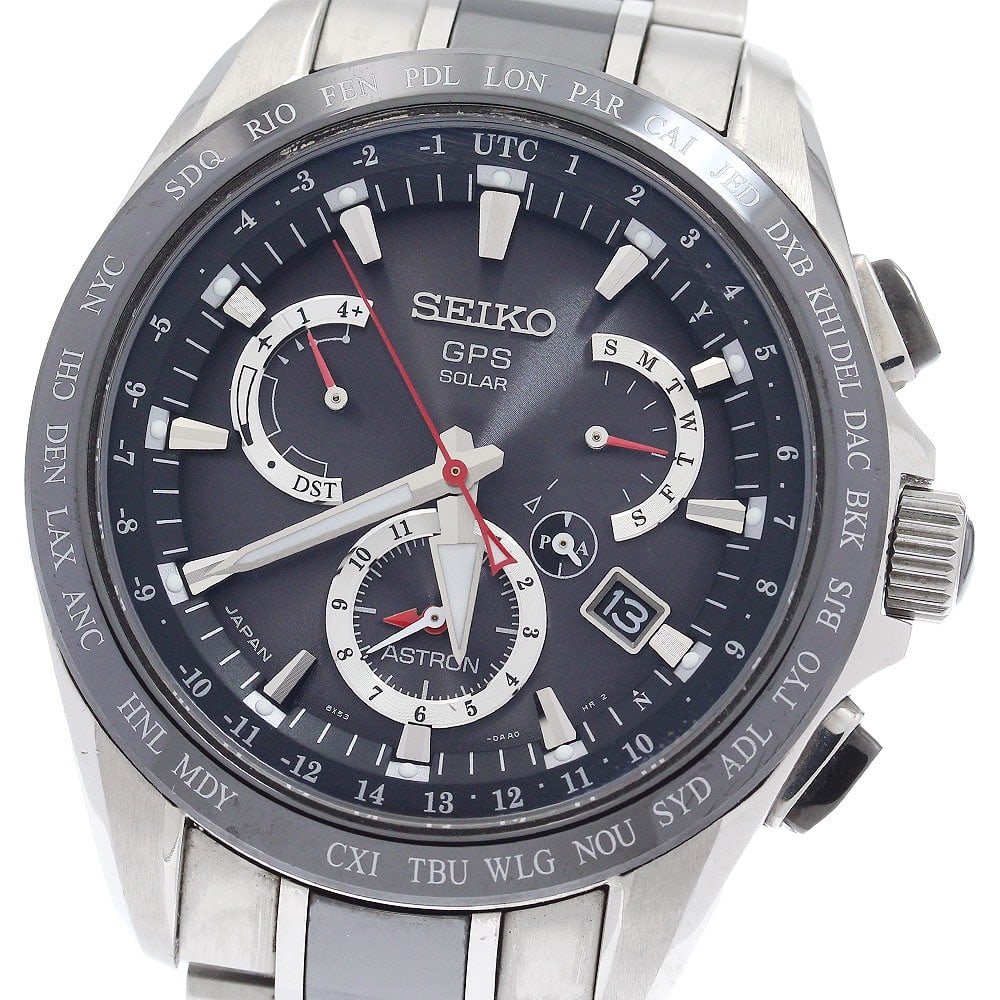 Seiko Astron titanium ceramic solar radio watch day date: Seiko Astron titanium ceramic solar radio watch day date This Seiko Astron SBXB041/8X53-0AB0-2 men's wristwatch features a black dial and is crafted from a combination of titanium and ceramic for both