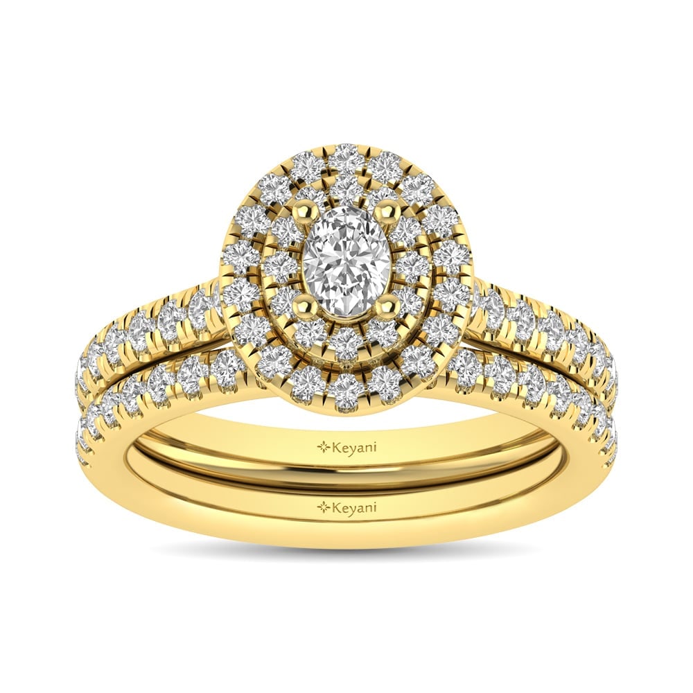 Diamond Classic Shank Double Halo Bridal Ring 1 Ct.tw Oval Cut in 14K Yellow Gold: Diamond Classic Shank Double Halo Bridal Ring 1 Ct.tw Oval Cut in 14K Yellow Gold This classic shank Double Halo Bridal Ring set with Oval Cut diamond 1/4 Ct.Tw. center. Total diamond weight 1 Ct.Tw. 