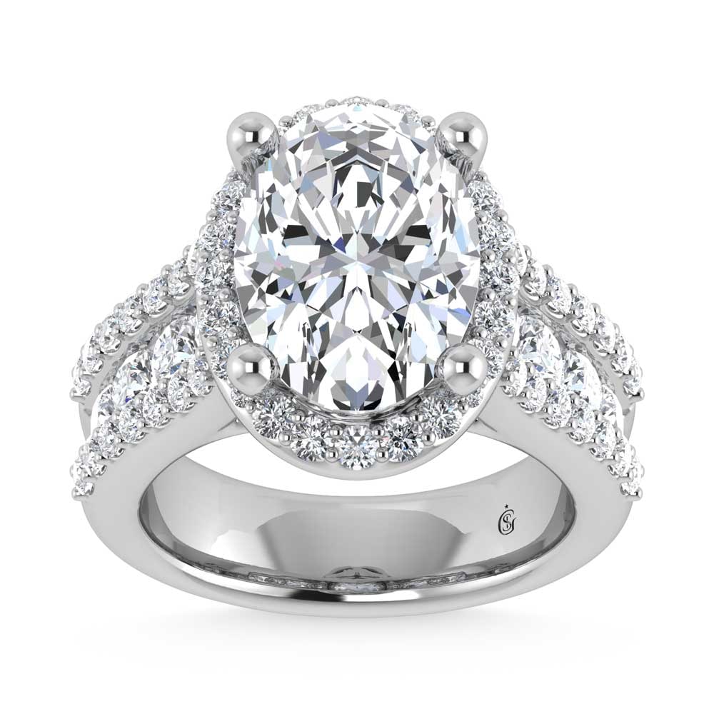 14K White Gold Lab Grown Diamond 6 7/8 Ct.Tw. Round Shank Engagement Ring (IGI Certified Center 5ct): 14K White Gold Lab Grown Diamond 6 7/8 Ct.Tw. Round Shank Engagement Ring (IGI Certified Center 5ct) 14k White Gold Stone Color: D-f Stone Clarity: Vs Each ring is presented in standard size 6.5. Comp