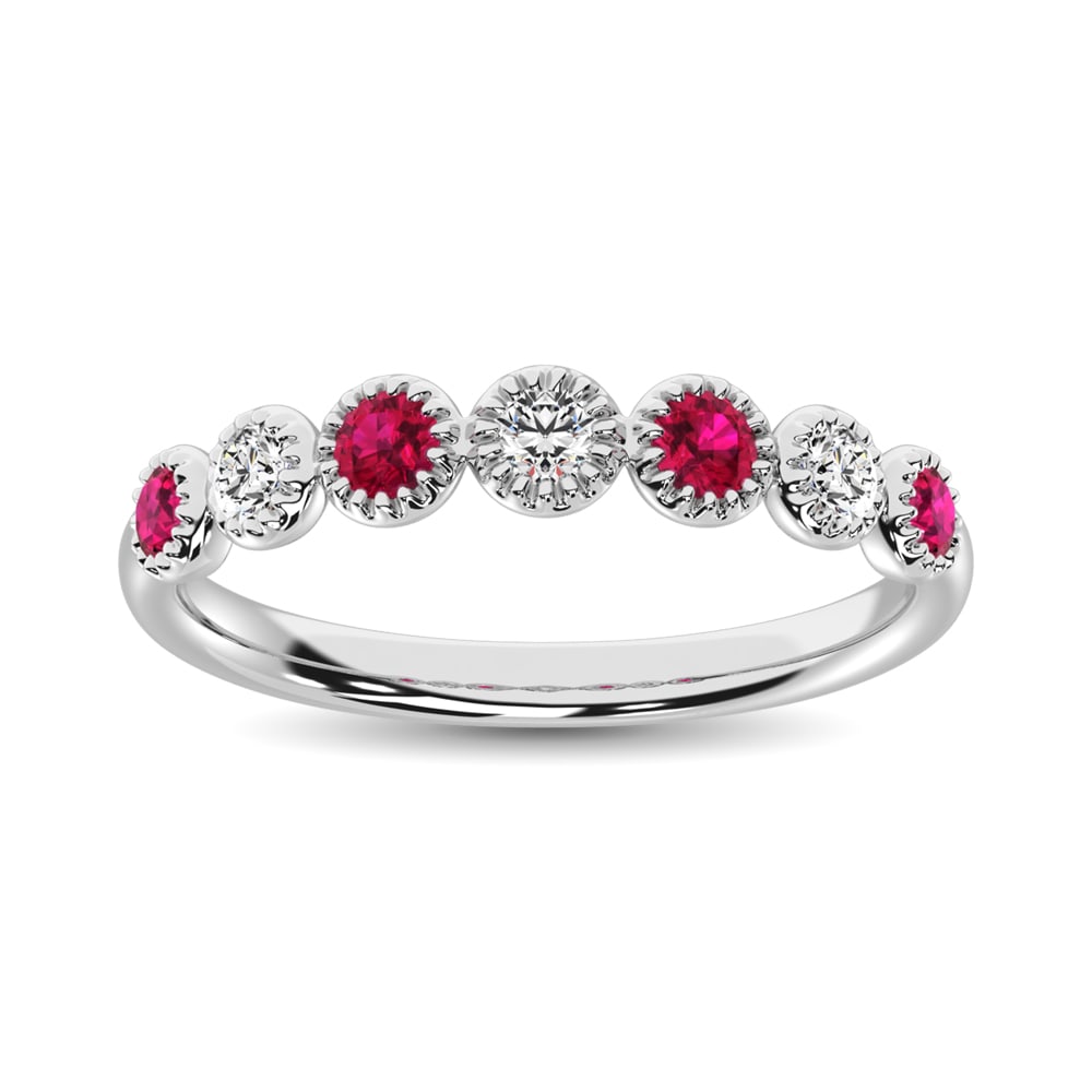 Diamond 1/5 Ct.Tw. And Ruby Stack Band in 14K White Gold ( 3 Diamond and 4 Ruby ): Diamond 1/5 Ct.Tw. And Ruby Stack Band in 14K White Gold ( 3 Diamond and 4 Ruby ) 14k White Gold Stone Color: G-h Stone Clarity: I1 Each ring is presented in standard size 6.5. Complimentary resizing 
