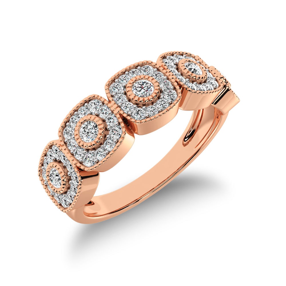 14K Rose Gold 2/5 Ct.Tw. Diamond Fashion Ring With Milgrain Detail: 14K Rose Gold 2/5 Ct.Tw. Diamond Fashion Ring With Milgrain Detail This eye-catching ring is available in 14K Rose Gold. There are 65 round diamonds with a total carat weight of 2/5 Ct.Tw. set in a Be