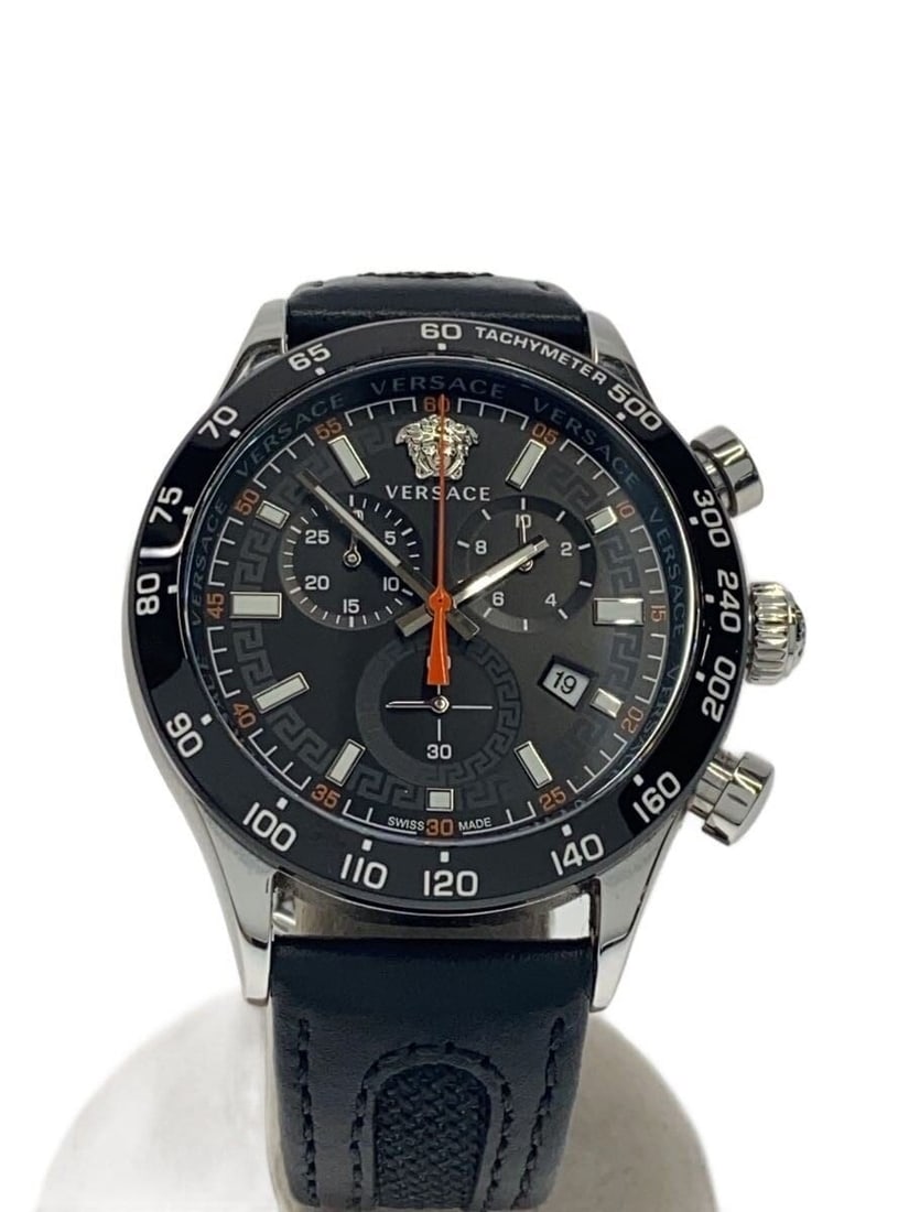 Versace Helenium Chrono Quartz Black Leather Men's Wristwatch: Versace Helenium Chrono Quartz Black Leather Men's Wristwatch This VERSACE Helenium Chrono Quartz VE2U men's wristwatch features a black dial and leather band. Made with Swiss-sourced materials, the w