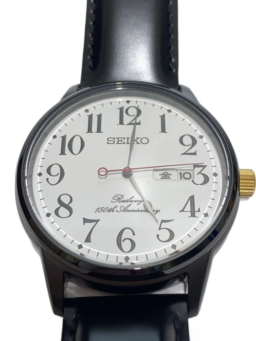 Seiko 150th Anniversary Quartz Leather Men's Wristwatch: Seiko 150th Anniversary Quartz Leather Men's Wristwatch This SEIKO Railway 150th Anniversary Original Quartz 7N43-HAK0 men's wristwatch features a white dial and a leather band. Made in Japan, the wat