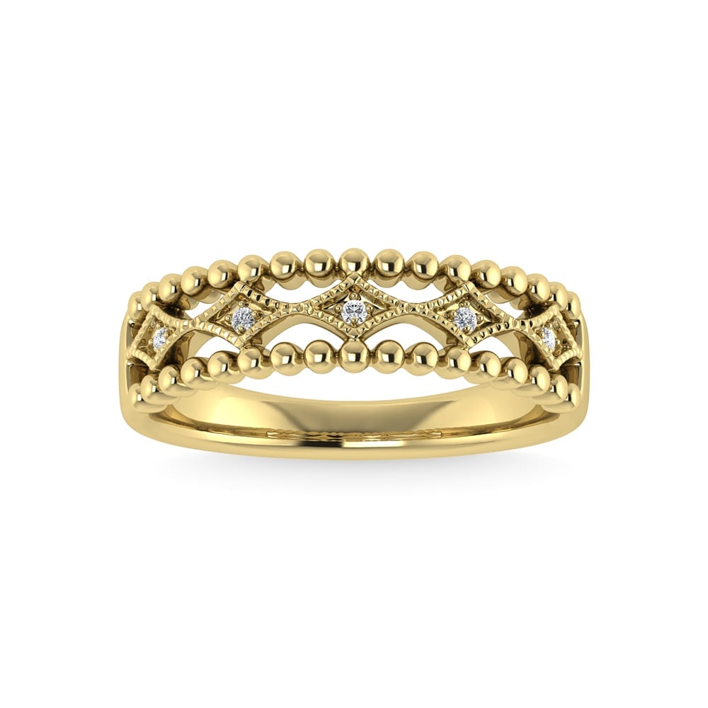 10K Yellow Gold Diamond 1/20 Ct.Tw. Fashion Band: 10K Yellow Gold Diamond 1/20 Ct.Tw. Fashion Band 10k Yellow Gold Stone Color: G-h Stone Clarity: I1 Each ring is presented in standard size 6.5. Complimentary resizing is available between sizes 510 (