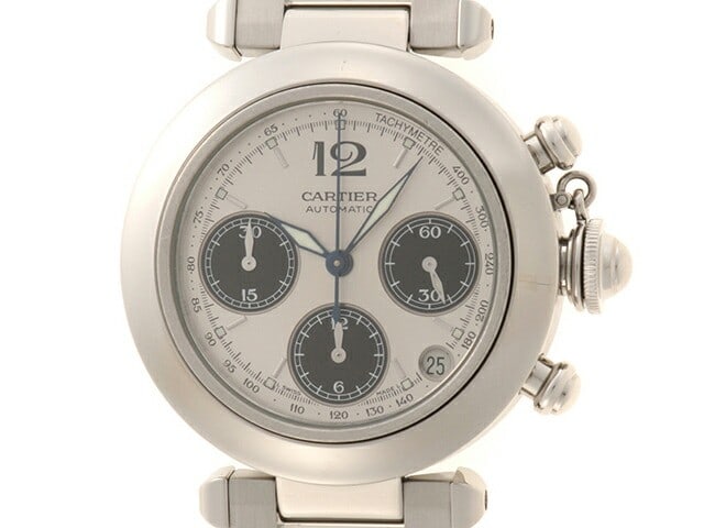 Cartier Pasha C Chronograph Wristwatch Steel Case Silver Dial Automatic