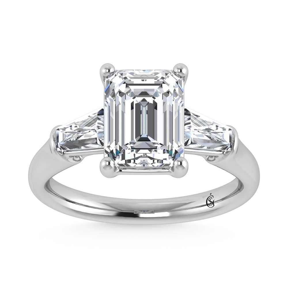 14K White Gold Lab Grown Diamond 2 5/8 Ct.Tw. Emerald Shape Three Stone Engagement Ring: 14K White Gold Lab Grown Diamond 2 5/8 Ct.Tw. Emerald Shape Three Stone Engagement Ring This stunning three-stone ring features a sparkling 2 CT Emerald Center diamond with two shimmering side diamond
