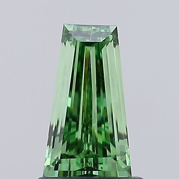 Loose Diamond - TAPERED BAGUETTE 0.98ct Fancy Vivid Green VS1: Loose Diamond - TAPERED BAGUETTE 0.98ct Fancy Vivid Green VS1 Source: This is a real non-mined Diamond that has been grown in a lab Shape: TAPERED BAGUETTE Carats: 0.98 Color: Fancy Vivid Green Certif