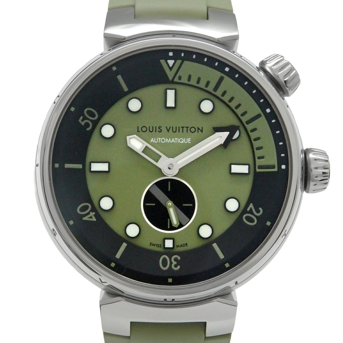 Louis Vuitton Tambour Street Diver Urban Green Men's Wristwatch: Louis Vuitton Tambour Street Diver Urban Green Men's Wristwatch This Louis Vuitton Tambour Street Diver Urban Green QA173 QA173A is a men's wristwatch crafted in Switzerland. The watch is pre-owned an
