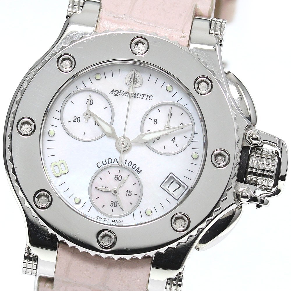 Aquanautic Princess Cuda quartz chronograph women's wristwatch: Aquanautic Princess Cuda quartz chronograph women's wristwatch This AQUANAUTIC Princess Cuda Chronograph is a Swiss-made women's wristwatch featuring a stainless steel case and a white shell dial. The