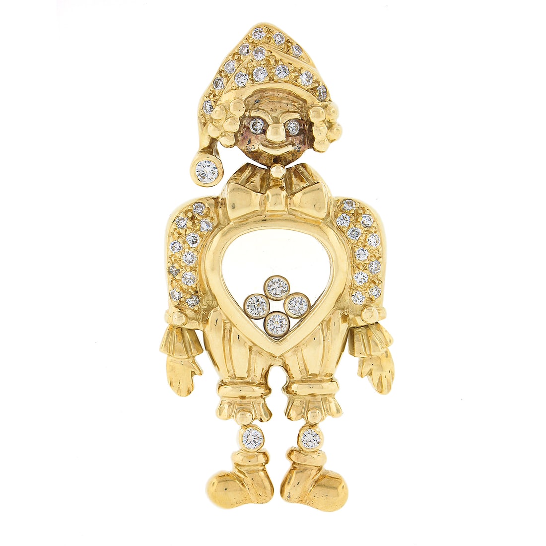 18K Yellow Gold Clown Boy Pendant 42 Diamonds 0.65 ctw Movable Legs: 18K Yellow Gold Clown Boy Pendant 42 Diamonds 0.65 ctw Movable Legs This vintage pendant is crafted from solid 18K yellow gold and features a whimsical moving boy or clown design. Adorned with 42 natu