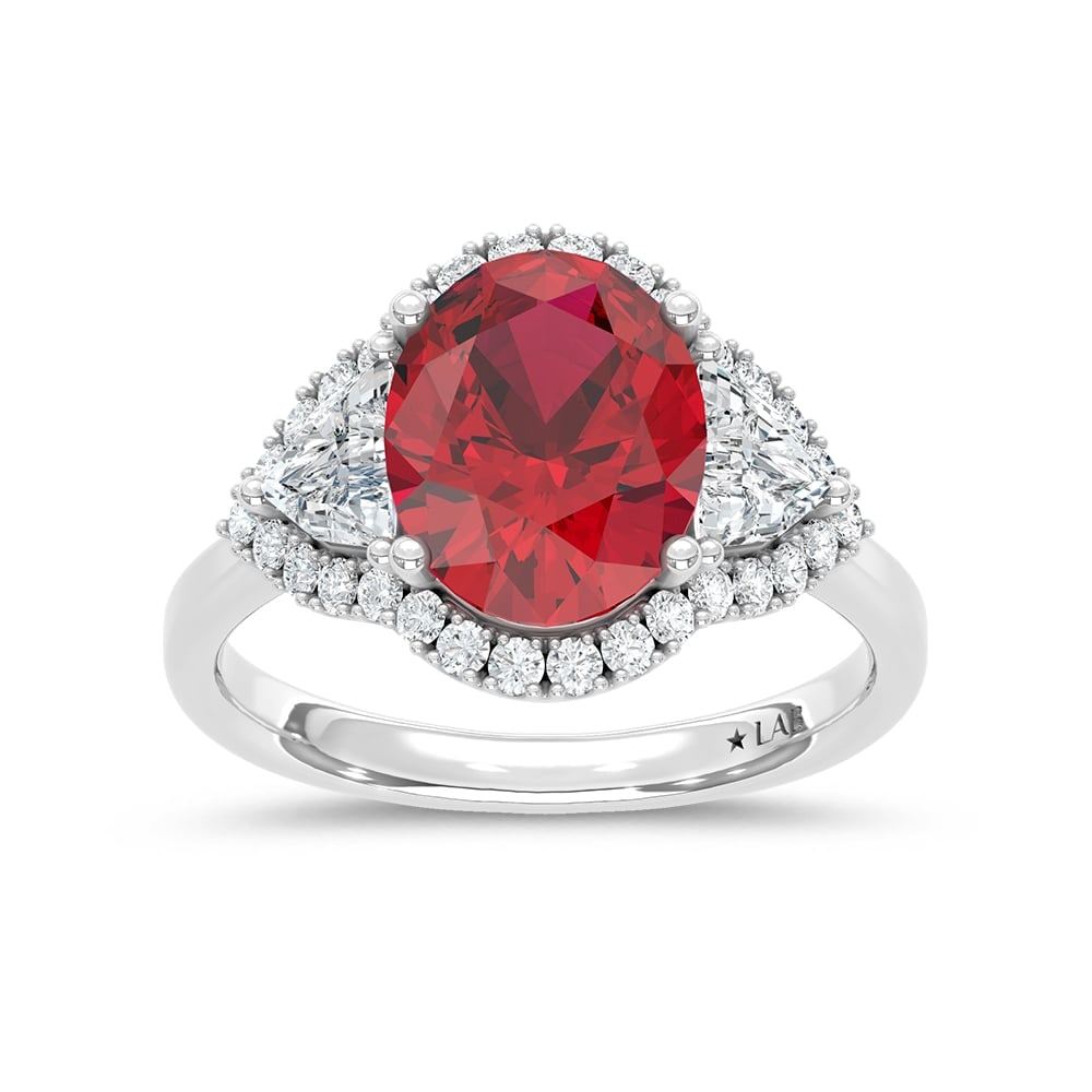 14K White Gold Lab Grown Diamond 4 5/8 Ct.Tw. Cushion Shape Recrystalized Ruby Engagement Ring: 14K White Gold Lab Grown Diamond 4 5/8 Ct.Tw. Cushion Shape Recrystalized Ruby Engagement Ring (Center 3 5/8 ct) Exude elegance with this 14K white gold engagement ring, featuring a dazzling 3 5/8 ct 