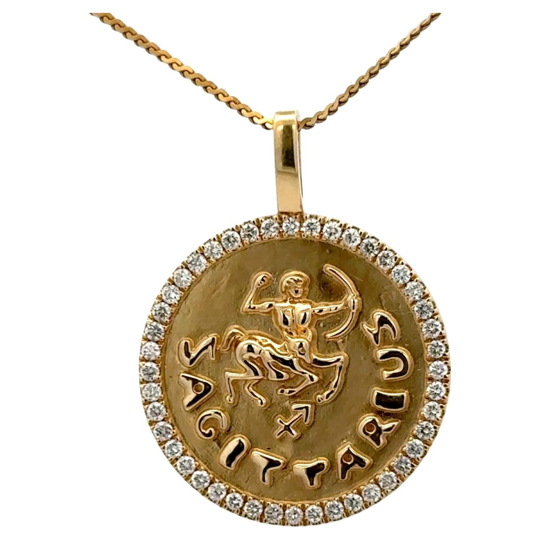 Sagittarius Zodiac Pendant 0.54ct Diamond 14K Yellow Gold Charm: Sagittarius Zodiac Pendant 0.54ct Diamond 14K Yellow Gold Charm Celebrate your astrological sign with this exquisite Diamond Sagittarius Zodiac Charm Pendant, crafted from 14K yellow gold. This contem