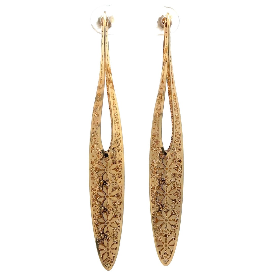 Long Italian 14k Yellow Gold Filigree Drop Earrings with Floral Design