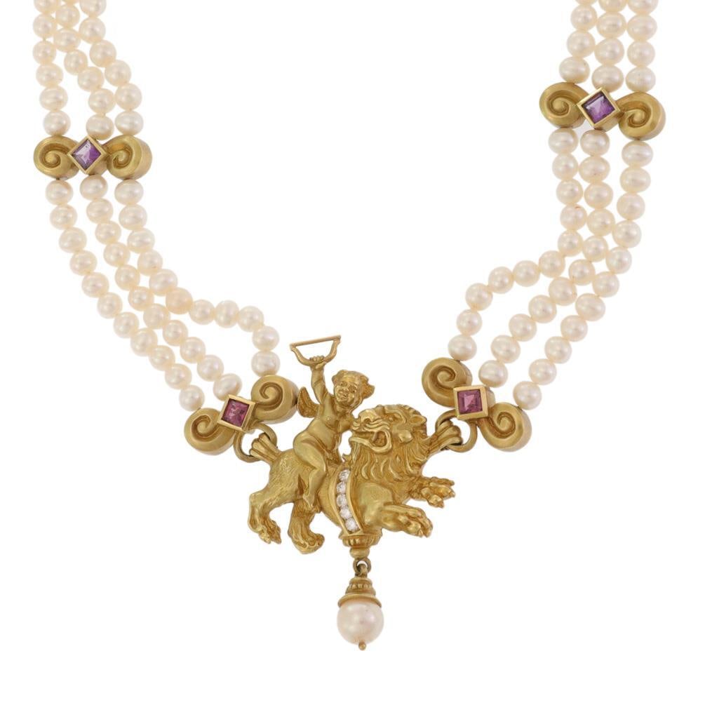 Seidengang 18k Gold Cupid Lion Pearl Diamond 3 Strand Necklace: Seidengang 18k Gold Cupid Lion Pearl Diamond 3 Strand Necklace Elevate your style with this exquisite choker/collar necklace by Seidengang, expertly crafted from 18k yellow gold with a smooth satin fi