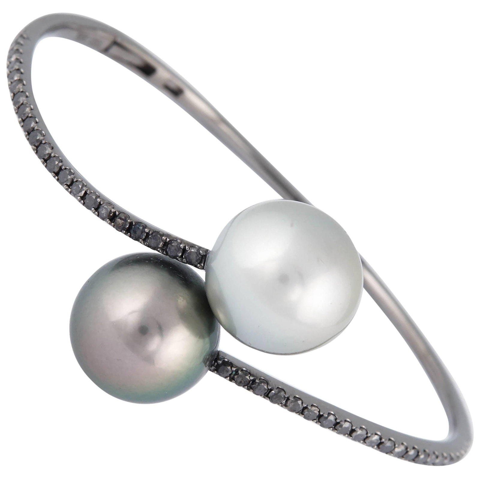 Harbor Diamonds 18K White Gold Bypass Bangle with Tahitian Pearls and 1 Carat Black Diamonds