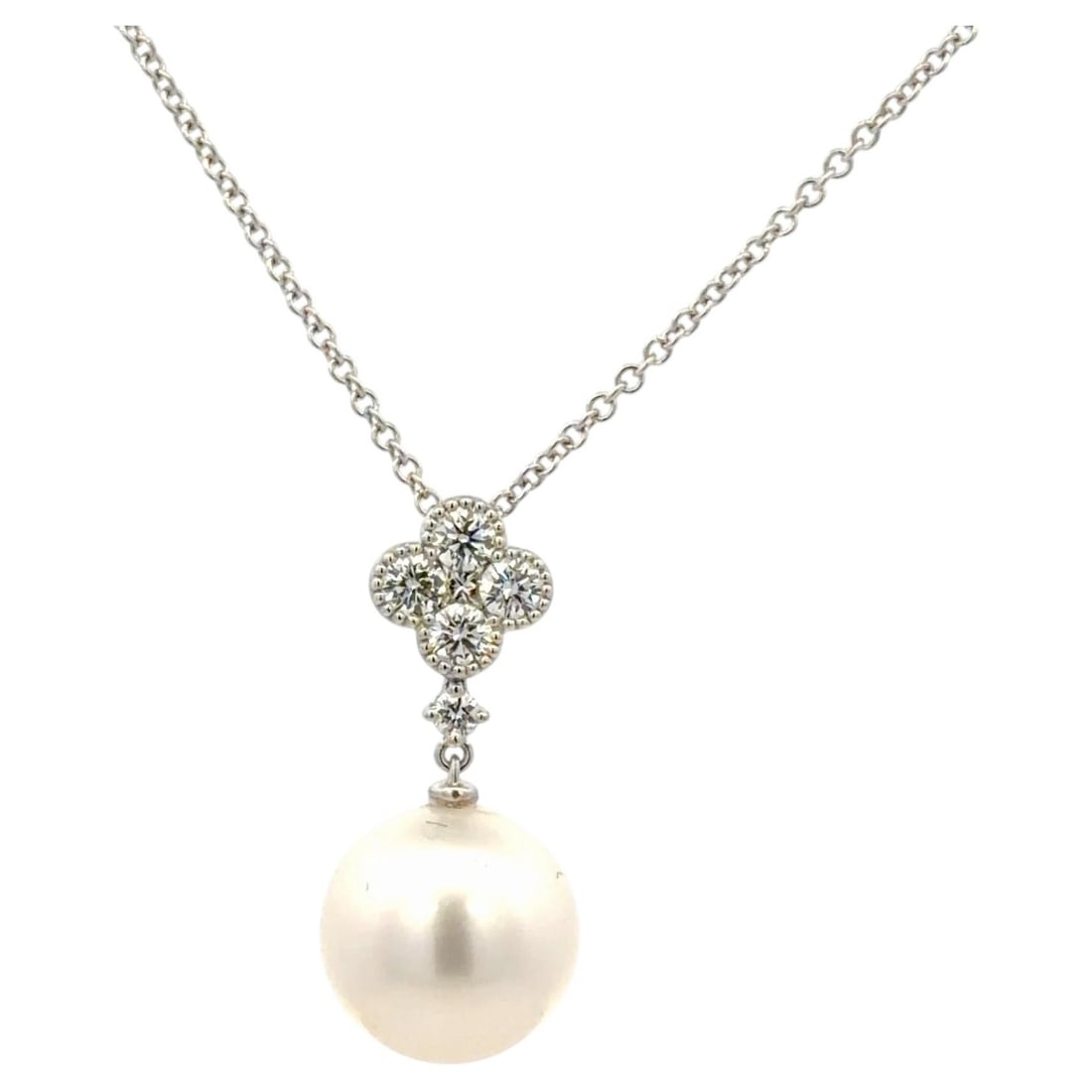 Italian White Gold Pendant Necklace with South Sea Pearl and Diamonds: Italian White Gold Pendant Necklace with South Sea Pearl and Diamonds This Italian-made pendant necklace features a luminous South Sea pearl measuring approximately 11-12mm, elegantly suspended from a