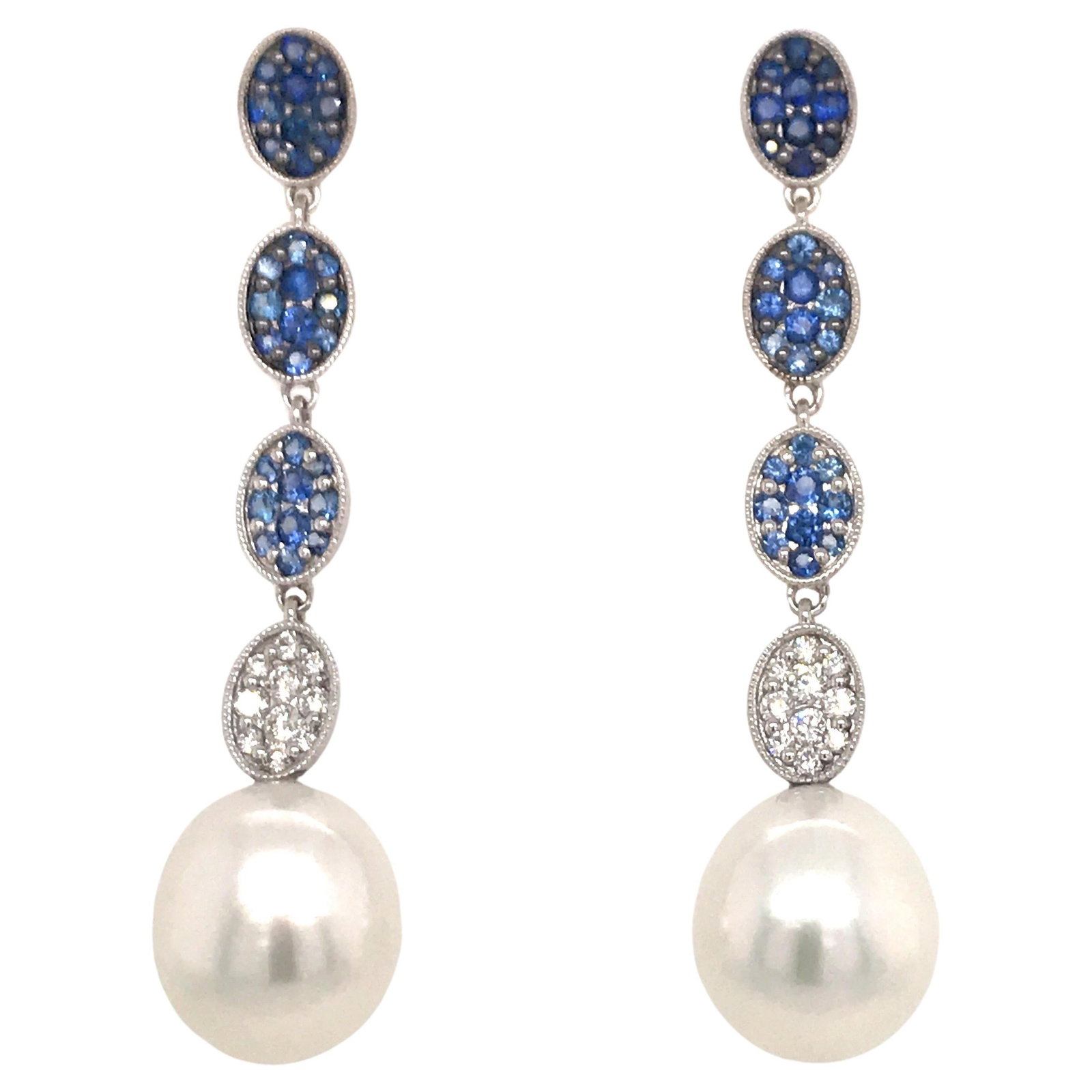 Harbor Diamonds 18K White Gold Sapphire Diamond Pearl Drop Earrings 1.72 Carat