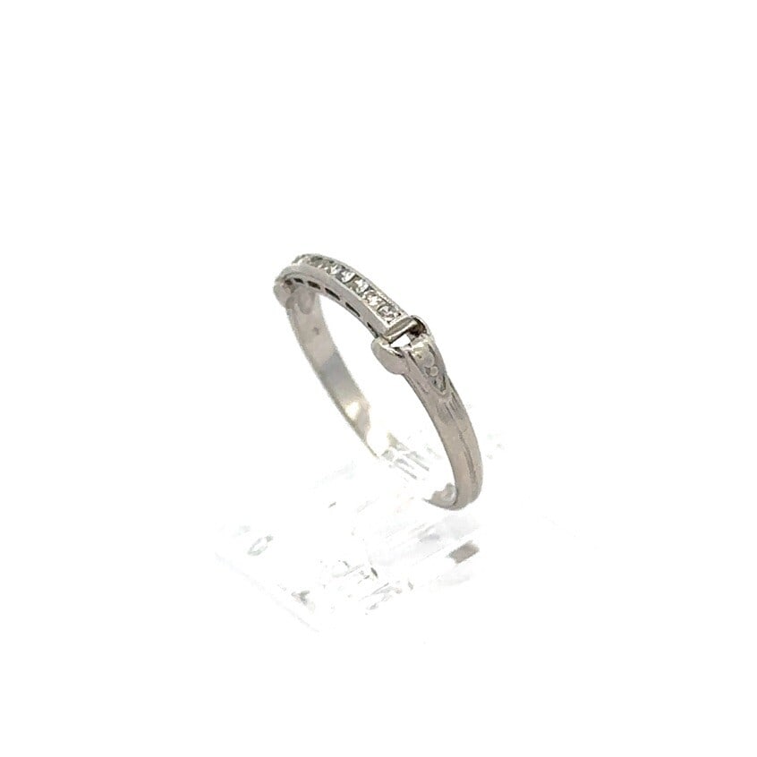 Antique Art Deco Platinum Diamond Stackable Buckle Band Ring 9 Diamonds: Antique Art Deco Platinum Diamond Stackable Buckle Band Ring 9 Diamonds This exquisite Antique Art Deco Platinum Channel Single Cut Diamond Stackable Buckle Band Ring showcases a timeless design from 