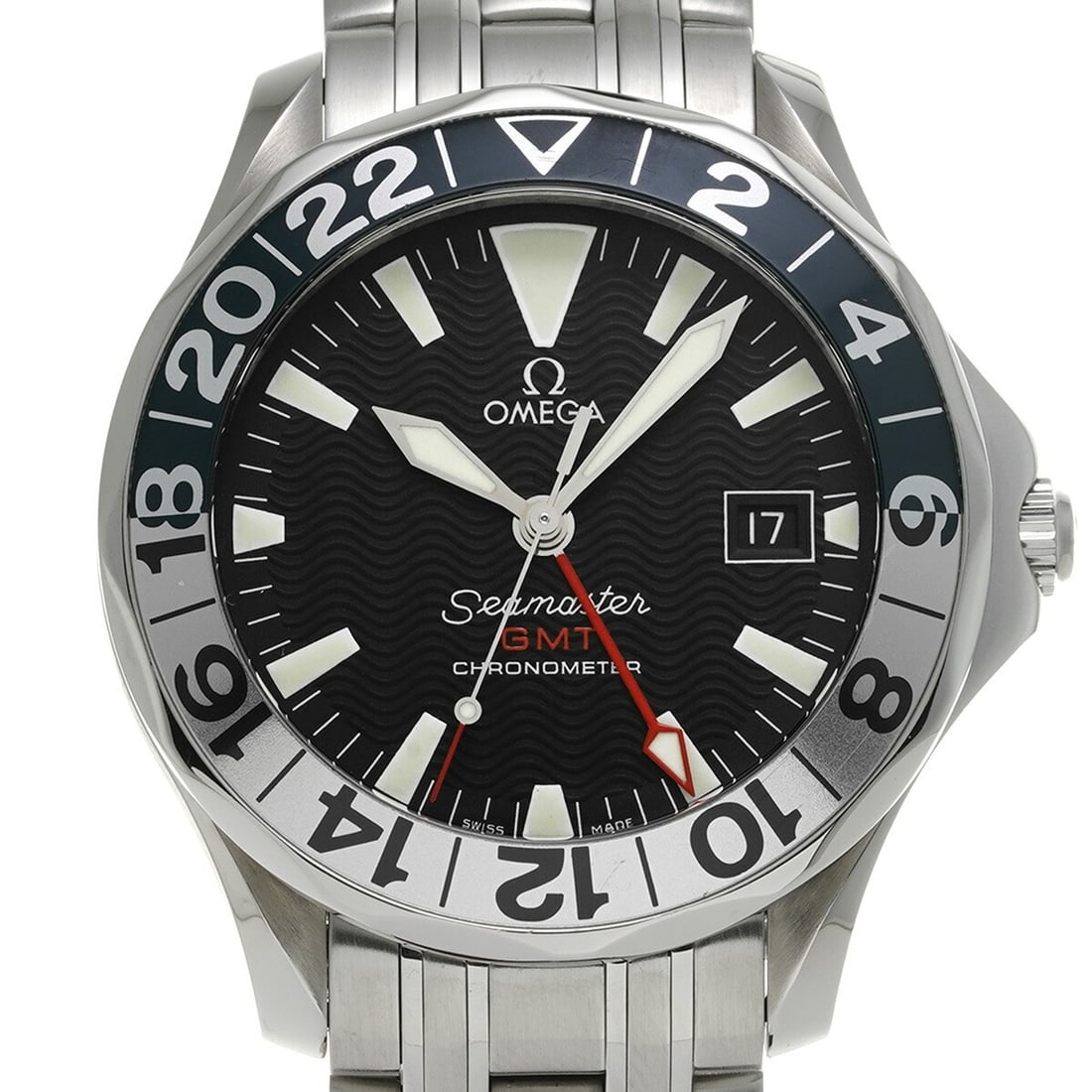 OMEGA Seamaster 300 GMT Men's Wristwatch 50th Anniversary: OMEGA Seamaster 300 GMT Men's Wristwatch 50th Anniversary This is an OMEGA Seamaster 300 GMT 50th Anniversary men's wristwatch. Made in Switzerland, this pre-owned timepiece is designed for men and fe