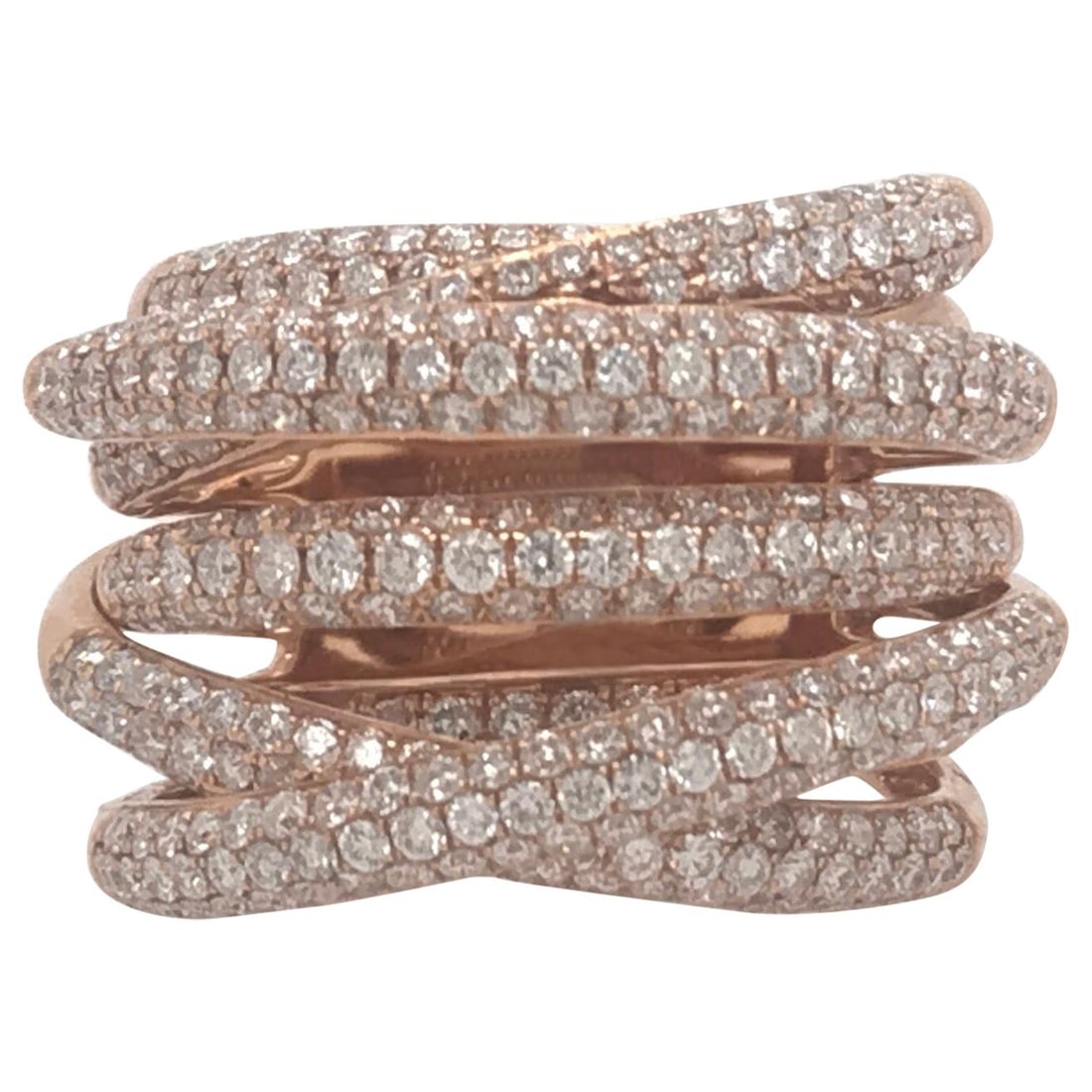 Harbor Diamonds 18K Rose Gold Criss Cross Ring 2.37 Carat Diamonds: Harbor Diamonds 18K Rose Gold Criss Cross Ring 2.37 Carat Diamonds This stunning 18K rose gold ring showcases a contemporary design with a multi-wide criss-cross band adorned with 322 round brilliant 