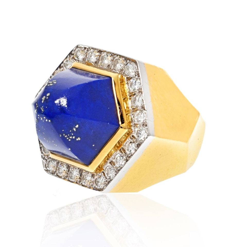 David Webb Platinum 18K Gold Oversized Lapis Diamond Estate Ring: David Webb Platinum 18K Gold Oversized Lapis Diamond Estate Ring This impressive David Webb ring features a striking combination of platinum and 18K yellow gold, showcasing an oversized lapis stone ad