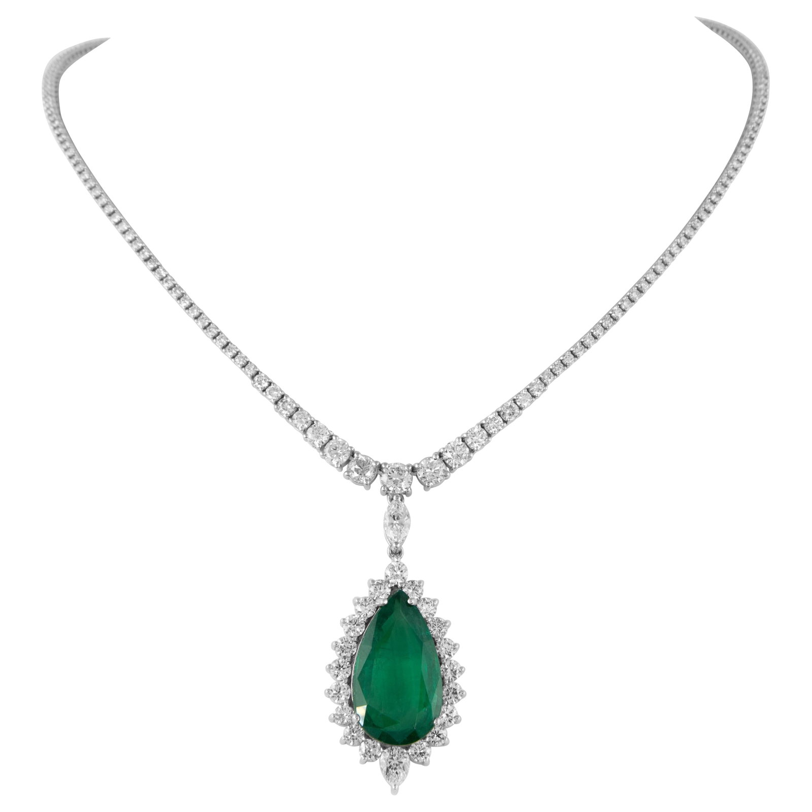 27.91ct Emerald Diamond Tennis Necklace in 18k White Gold
