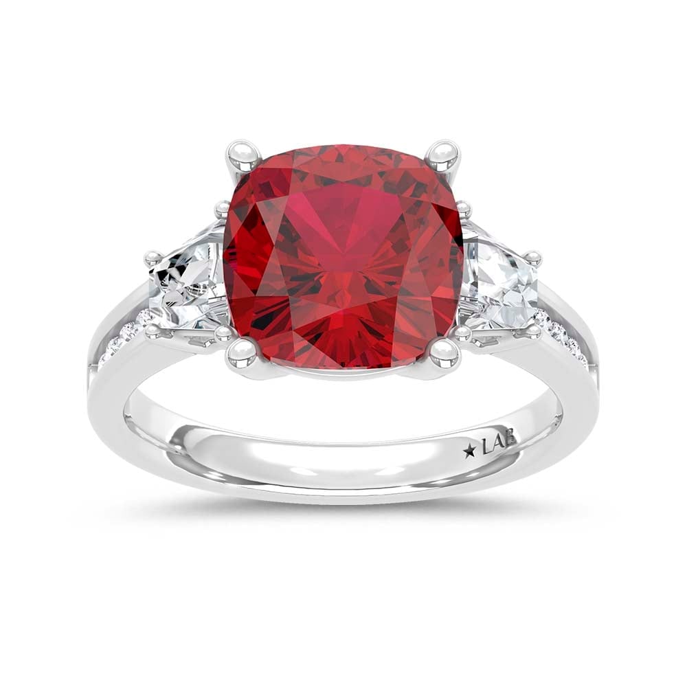 14K White Gold Lab Grown Diamond 5 1/4 Ct.Tw. Cushion Shape Recrystalized Ruby Engagement Ring