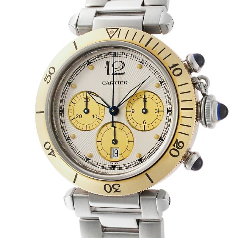 Cartier Pasha Quartz Chronograph 38mm Yellow Gold Steel Men's Watch: Cartier Pasha Quartz Chronograph 38mm Yellow Gold Steel Men's Watch This is a Cartier Pasha 38mm Chronograph wristwatch for men, crafted from yellow gold and stainless steel. Featuring a quartz moveme