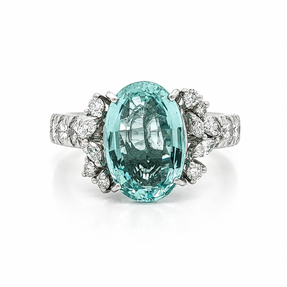 Cocktail Ring 14k White Gold Oval Aquamarine and Diamond Shoulders