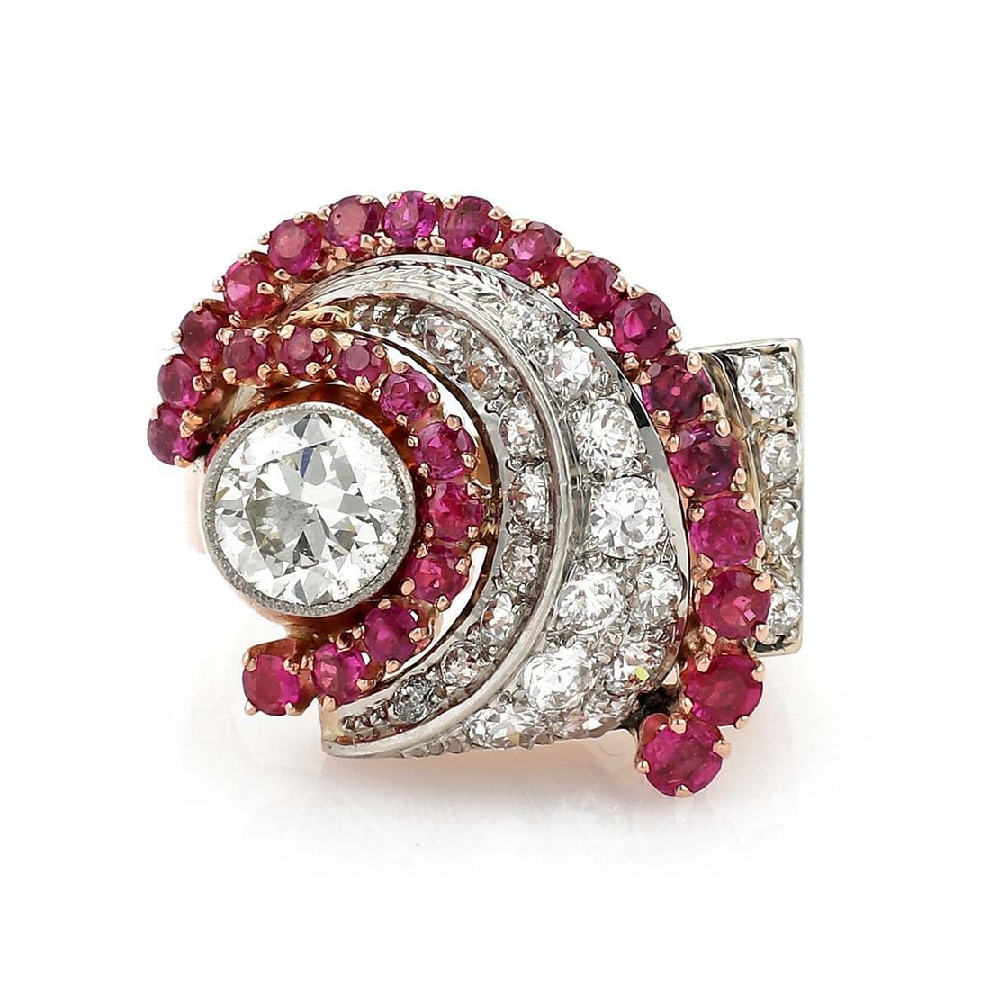 Stunning Retro 4.17ct Diamond Ruby 14k Gold Cocktail Ring Size 6.5