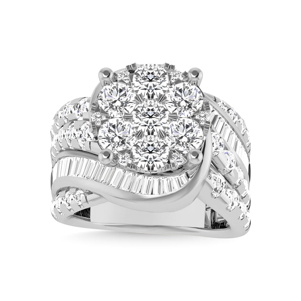 Diamond 4 Ct.Tw. Cluster Engagement Ring in 14K White Gold: Diamond 4 Ct.Tw. Cluster Engagement Ring in 14K White Gold 14k White Gold Stone Color: G-h Stone Clarity: I2 Each ring is presented in standard size 6.5. Complimentary resizing is available between si