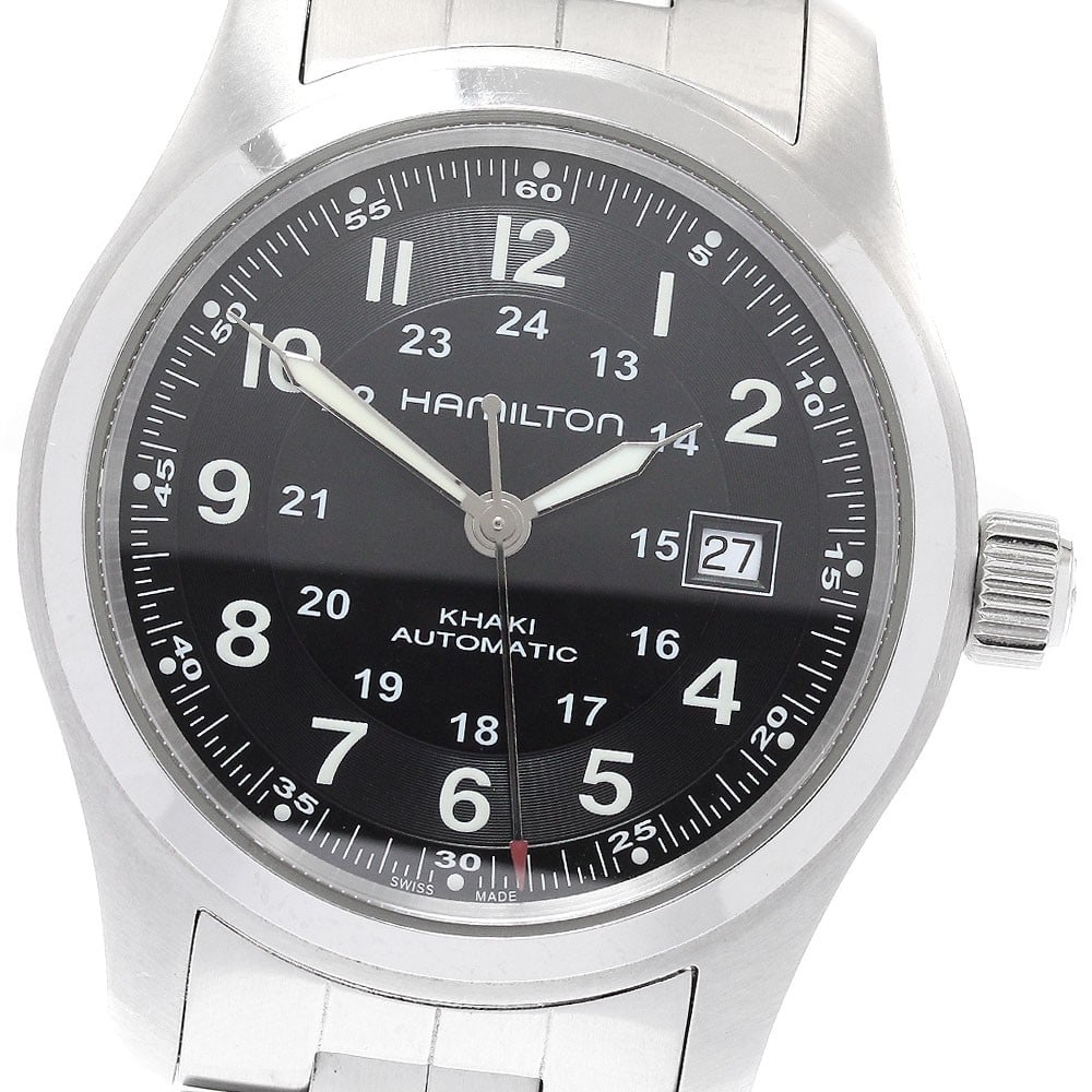 Hamilton Khaki Field Automatic Steel Black Dial H706050: Hamilton Khaki Field Automatic Steel Black Dial H706050 This Hamilton Khaki Field men's wristwatch features a stainless steel case and bracelet with a black dial. The watch operates with automatic mov
