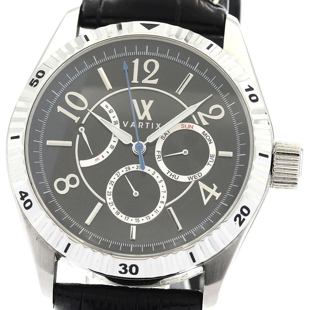 VARTIX Alive WA1VN Automatic Day Date Power Reserve Men's Wristwatch: VARTIX Alive WA1VN Automatic Day Date Power Reserve Men's Wristwatch This pre-owned VARTIX Alive WA1VN men's wristwatch features a stainless steel case paired with a leather bracelet. The black dial i