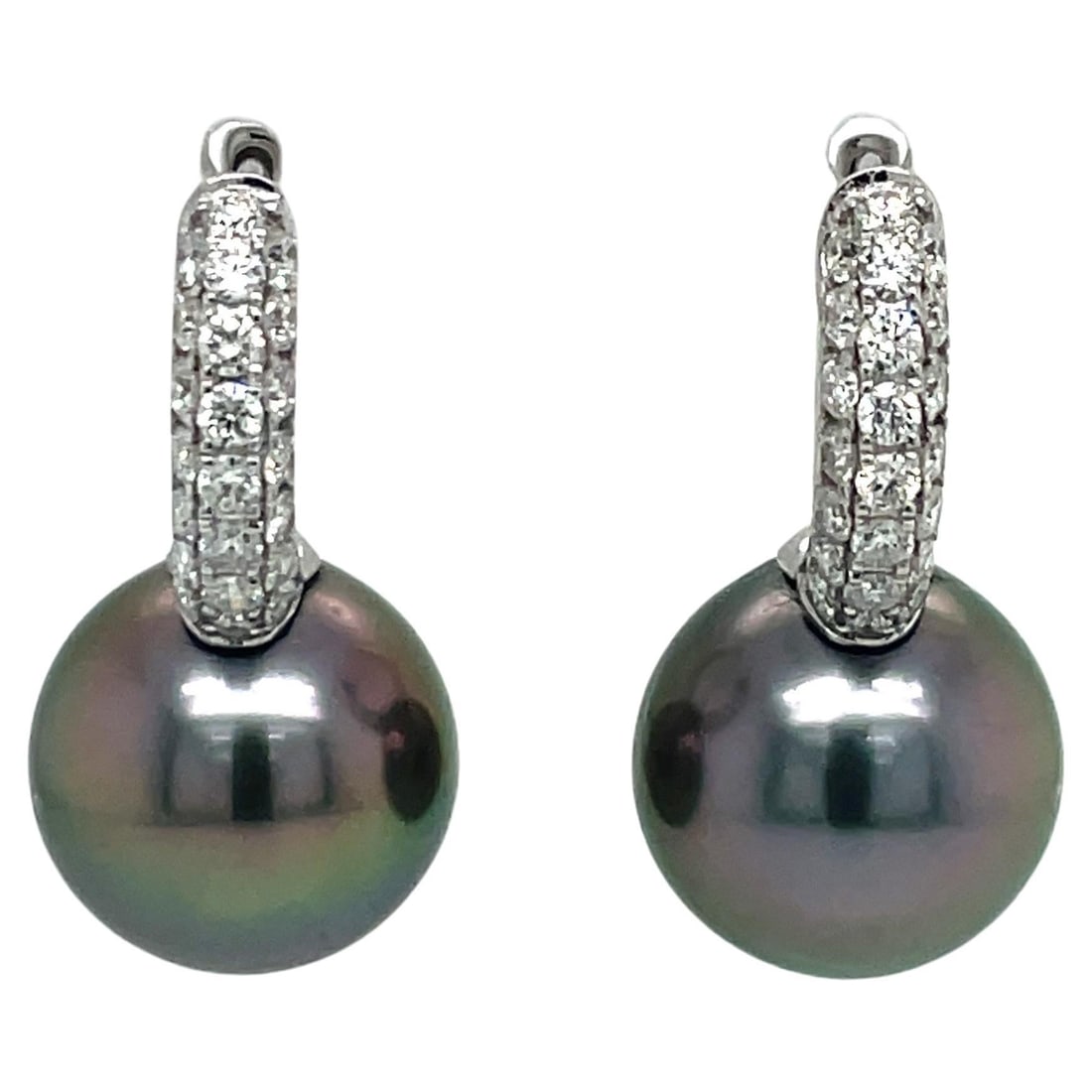 Harbor Diamonds 18K White Gold Tahitian Pearl Diamond Drop Earrings 0.78ct