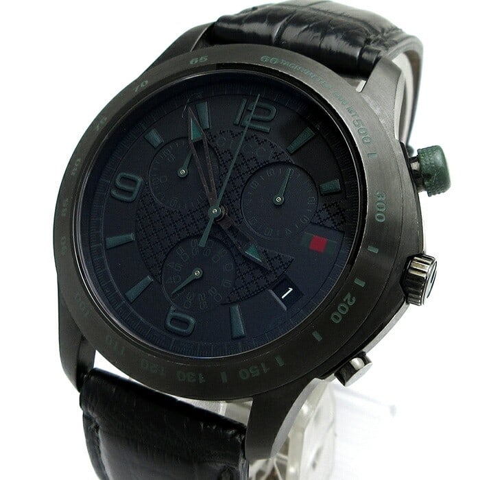 Gucci G Timeless black chronograph quartz men's wristwatch 46mm: Gucci G Timeless black chronograph quartz men's wristwatch 46mm This Gucci G-Timeless Chronograph men's wristwatch features an all-black design crafted from stainless steel and leather. The dial is ad