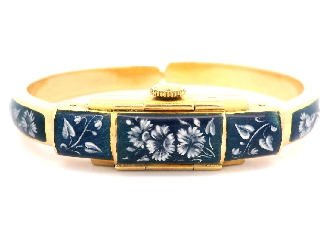 Vintage Jean Perret 18k Gold Hidden Watch Cuff Bracelet Blue White Enamel