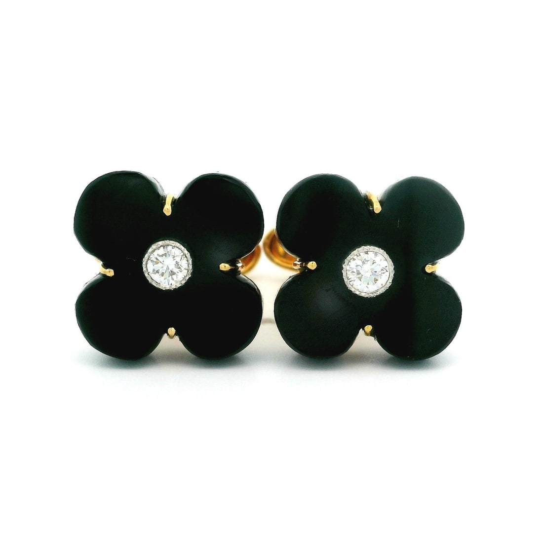 Vintage 18k Yellow Gold Quatrefoil Onyx Diamond Cufflinks 0.18ctw