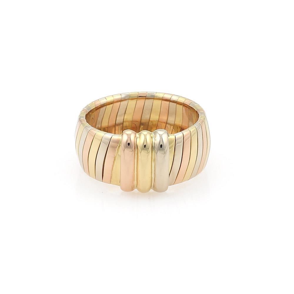 Cartier 18k Tri-Color Gold Dome Band Ring Size 52-US 5.5: Cartier 18k Tri-Color Gold Dome Band Ring Size 52-US 5.5 This exquisite vintage band ring by Cartier is an authentic piece crafted from 18k yellow, rose, and white gold, showcasing a polished finish. 