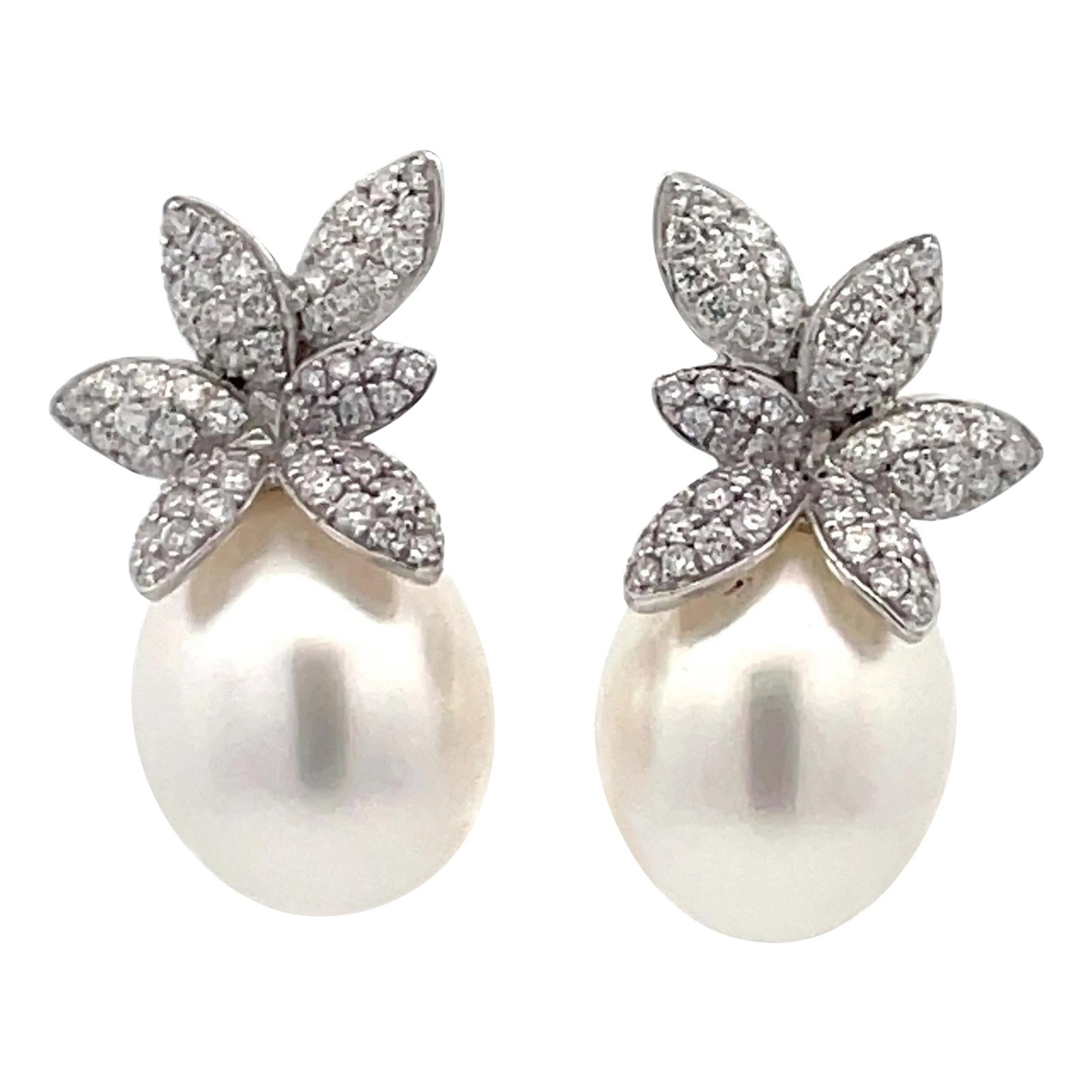 Harbor Diamonds 18K White Gold Floral Diamond Cluster Drop Earrings 1.03 Carats
