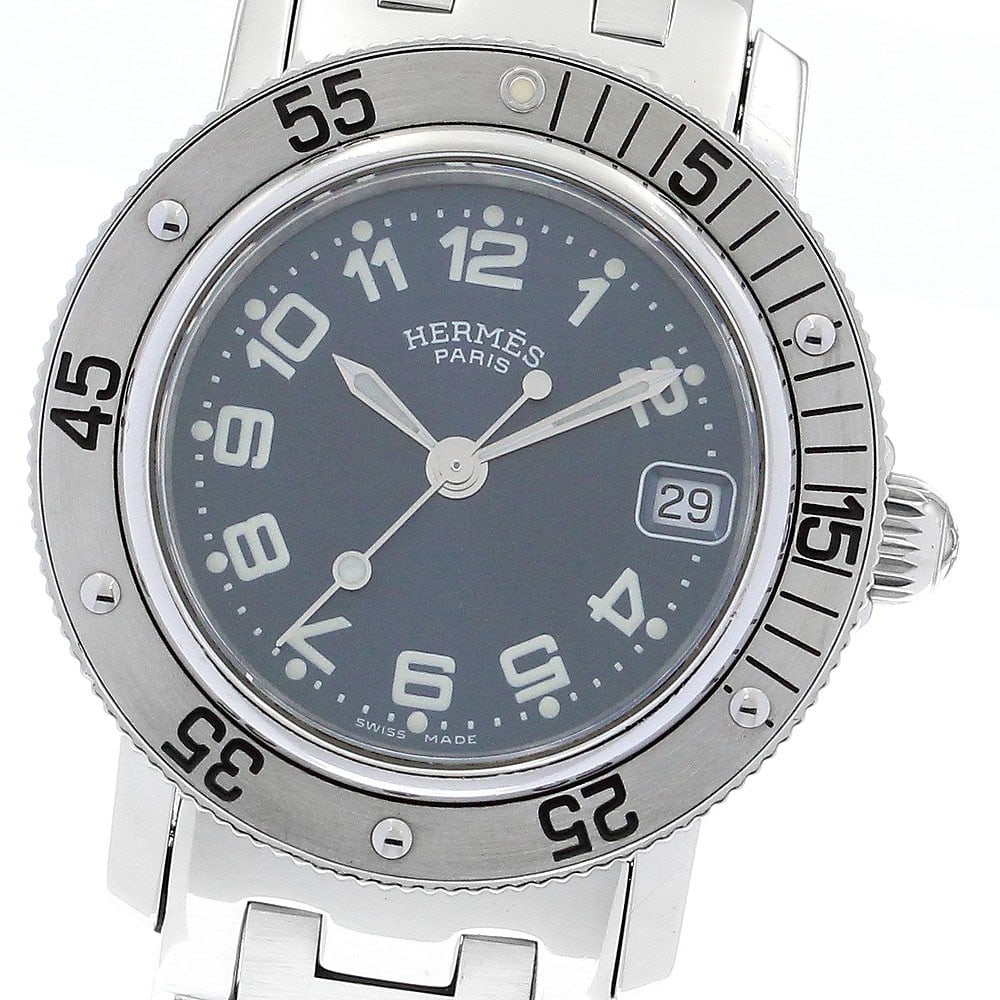 Hermes Clipper Diver CL5.210 Quartz Date Womens Stainless Steel Watch: Hermes Clipper Diver CL5.210 Quartz Date Womens Stainless Steel Watch This Hermes Clipper Diver Date Quartz women's wristwatch features a stainless steel case and band with a blue dial. The watch is p