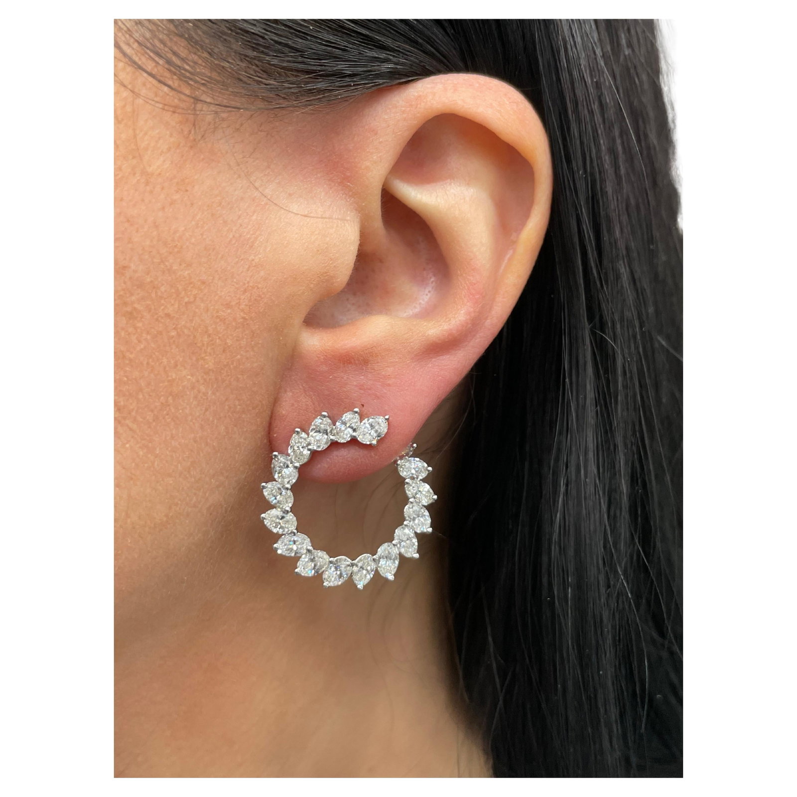Harbor Diamonds 18K White Gold Crescent Hoop Earrings 6.68 Carats Cushion Cut Diamonds