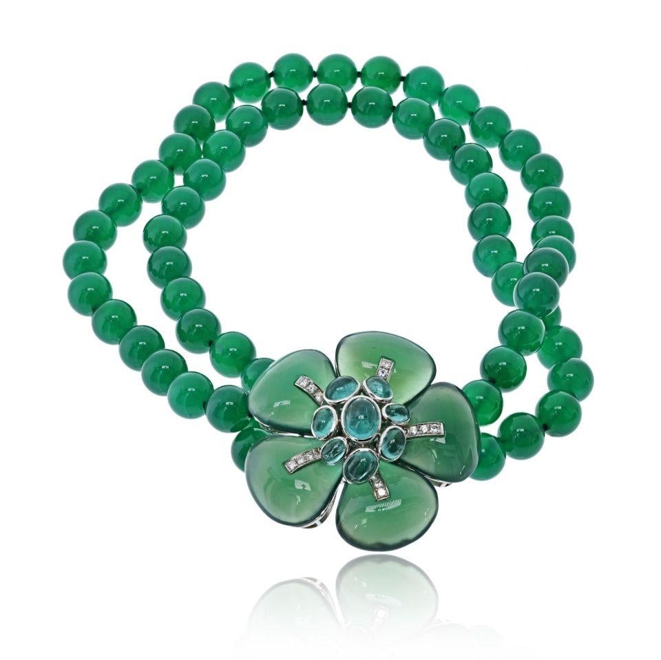 Estate 18K White Gold Onyx Bead Floral Diamond Necklace (1 of 8)