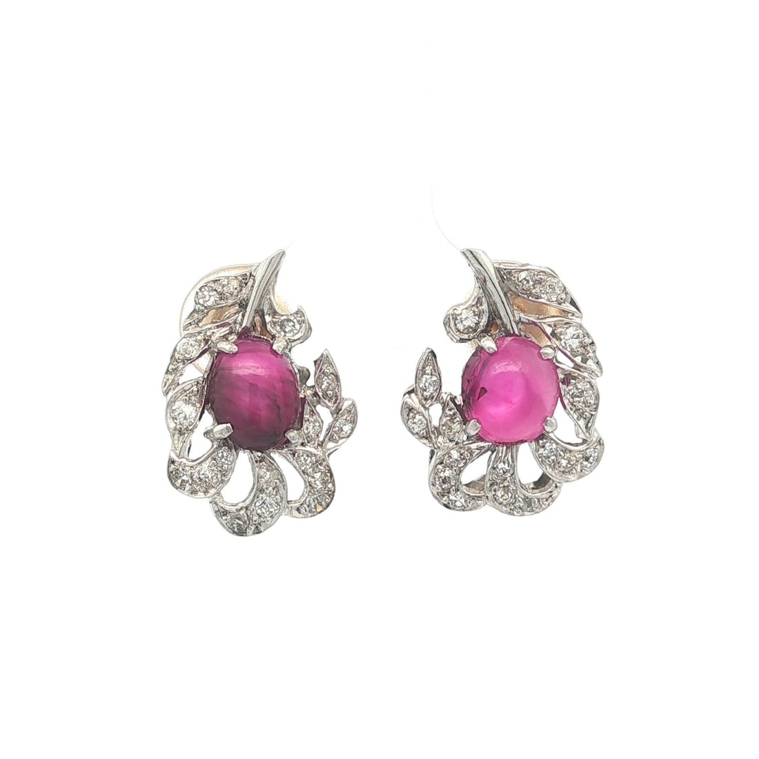 Stud Earrings Platinum Gold GIA Certified Pink Star Sapphire and Diamond Leaf Design